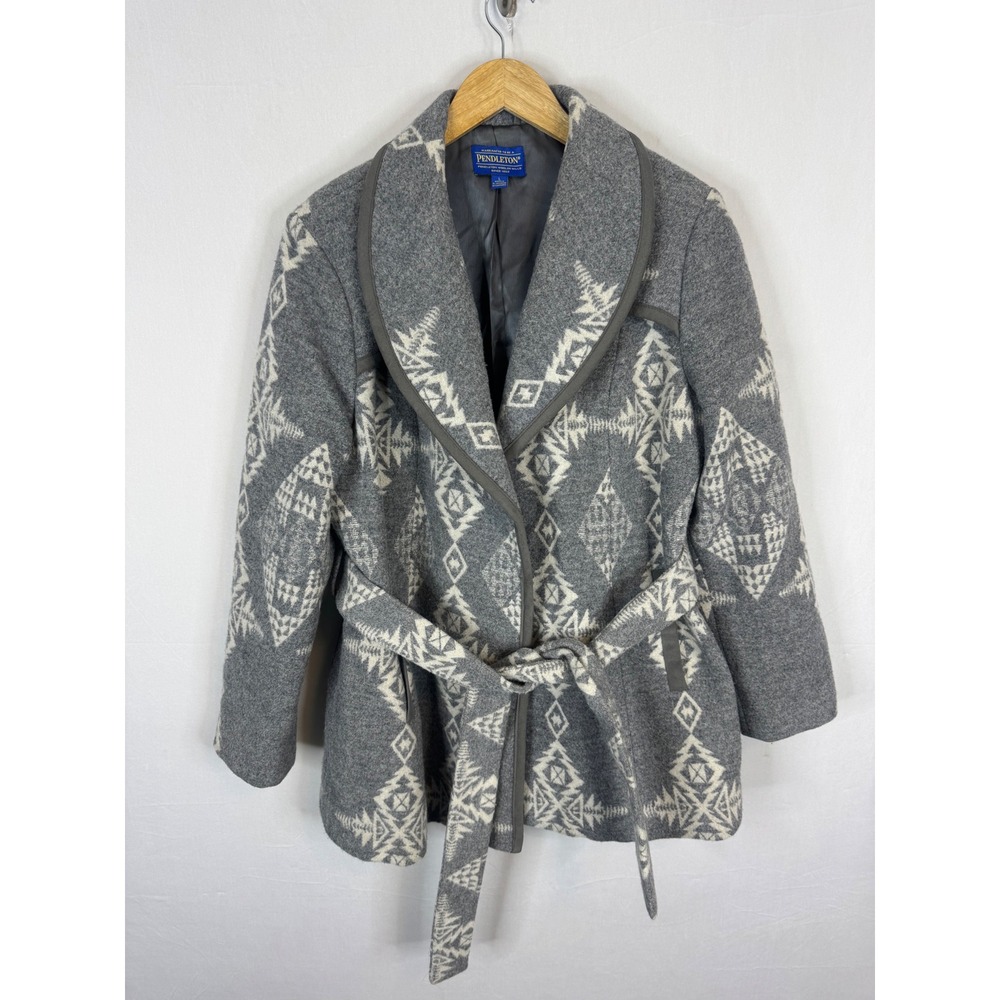 Pendleton Grey White Harding Wool Wrap Coat Shawl Collar Belted Jacket Large